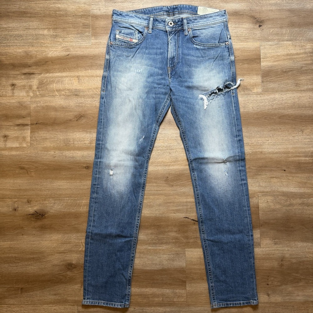 Diesel Jeans Men 32x32 Blue Thommer-X Slim Skinny Fit Destroyed Faded Wash 0096D